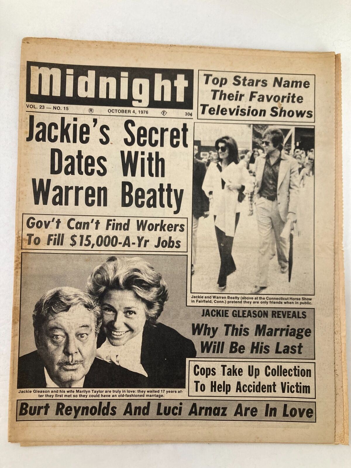 Midnight Tabloid October 4 1976 Vol 23 #15 featuring headlines about Jackie Kennedy's secret dates with Warren Beatty and Jackie Gleason's marriage insight, showcasing vintage magazine appeal.