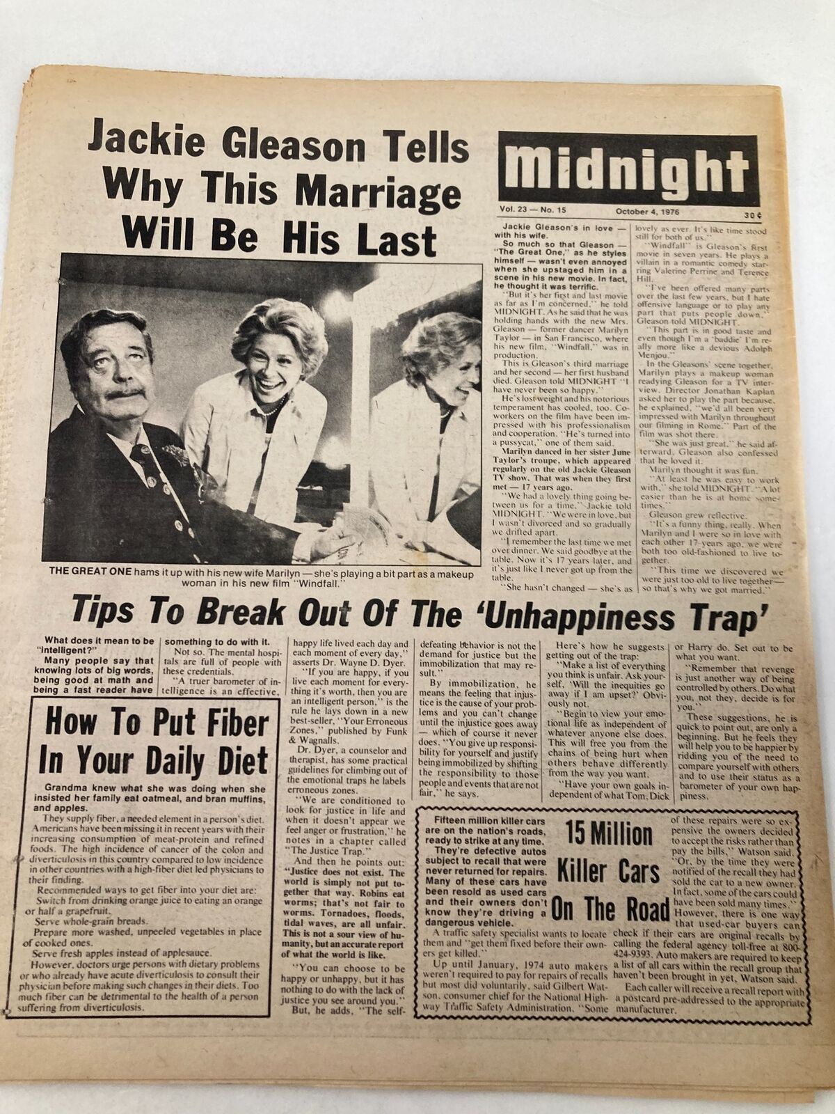 Midnight Tabloid October 4 1976 Vol 23 #15 displaying articles on Jackie Gleason's last marriage and tips for a healthy diet, highlighting its historical significance in 1970s pop culture.