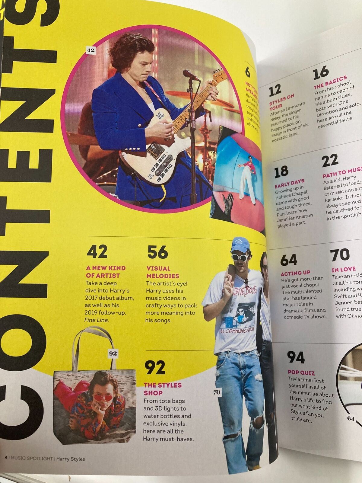 Contents page of Music Spotlight Magazine June 2022 featuring an ultimate guide to Harry Styles, showcasing sections on various themes including 'A New Kind of Artist' and 'Visual Melodies'.