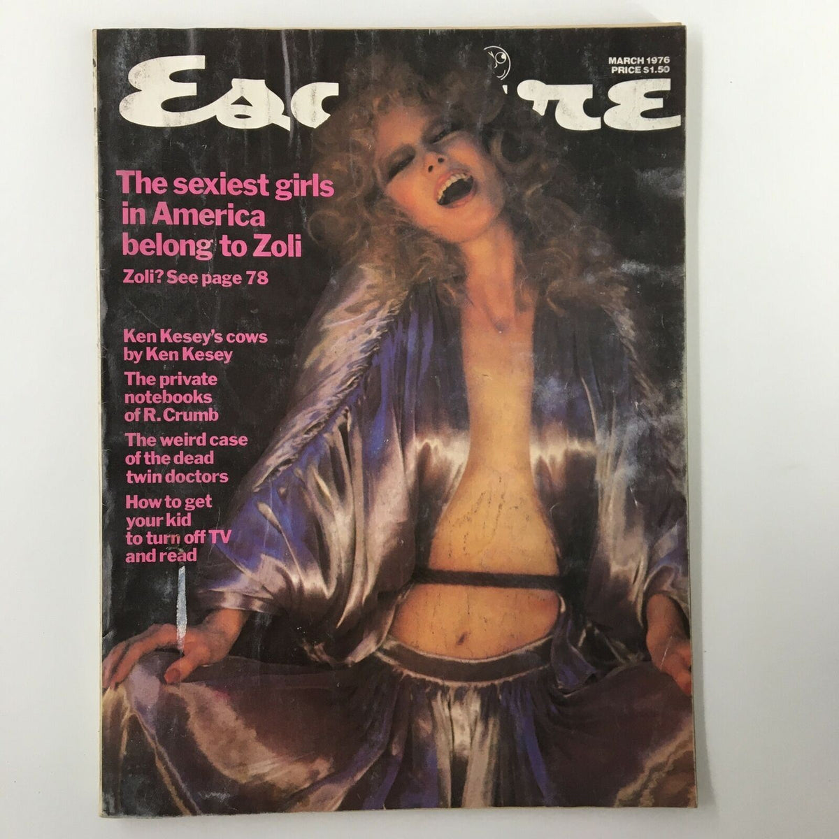Cover of VTG Esquire Magazine from March 1976, featuring the title 'The Sexiest Girl in America Belong to Zoli', showcasing a glamorous model with curly hair in a revealing outfit.