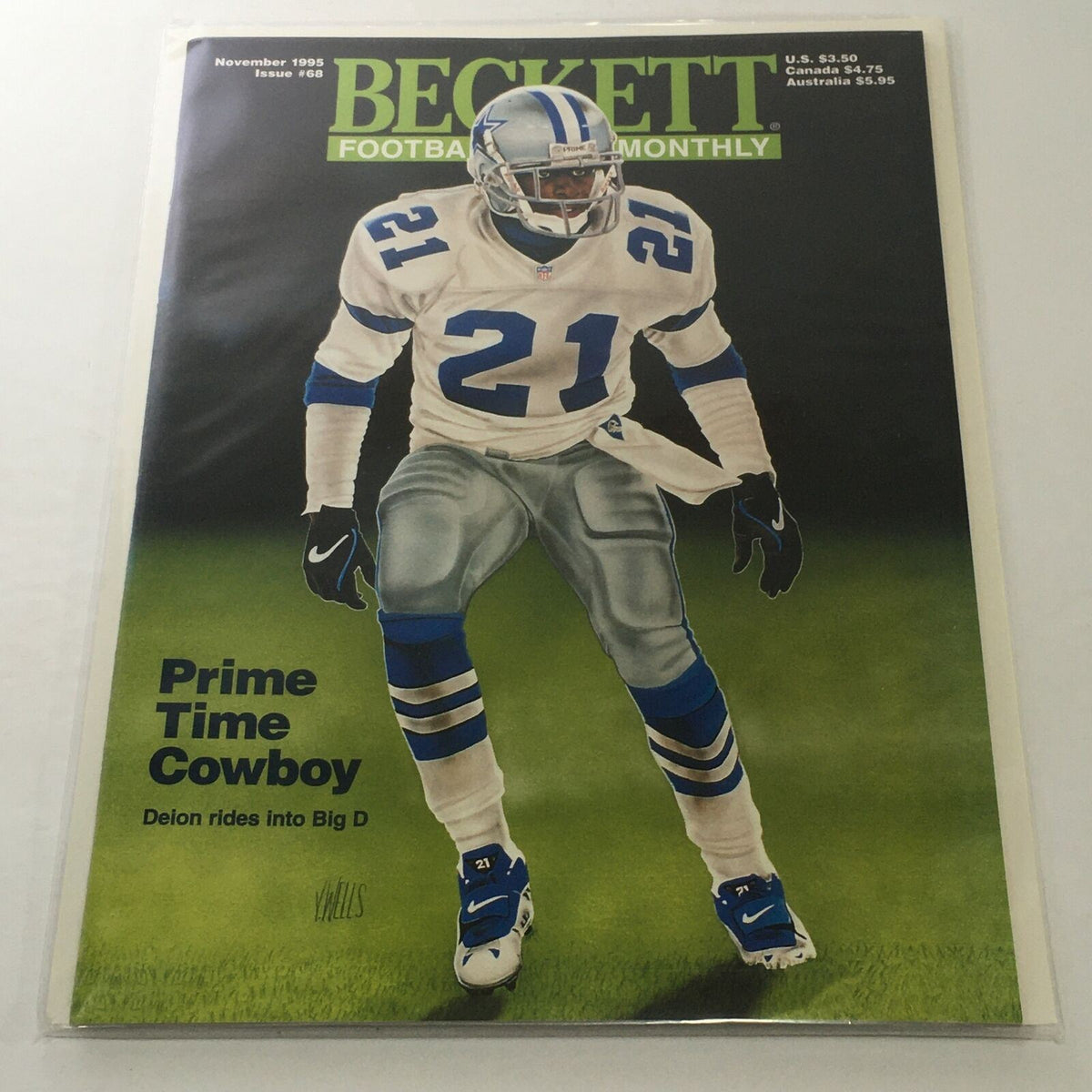 Beckett Football Card Monthly: November 1995 Issue #68 cover featuring Prime Time Cowboy Deion Sanders on the field, highlighting his impact on football card collecting.