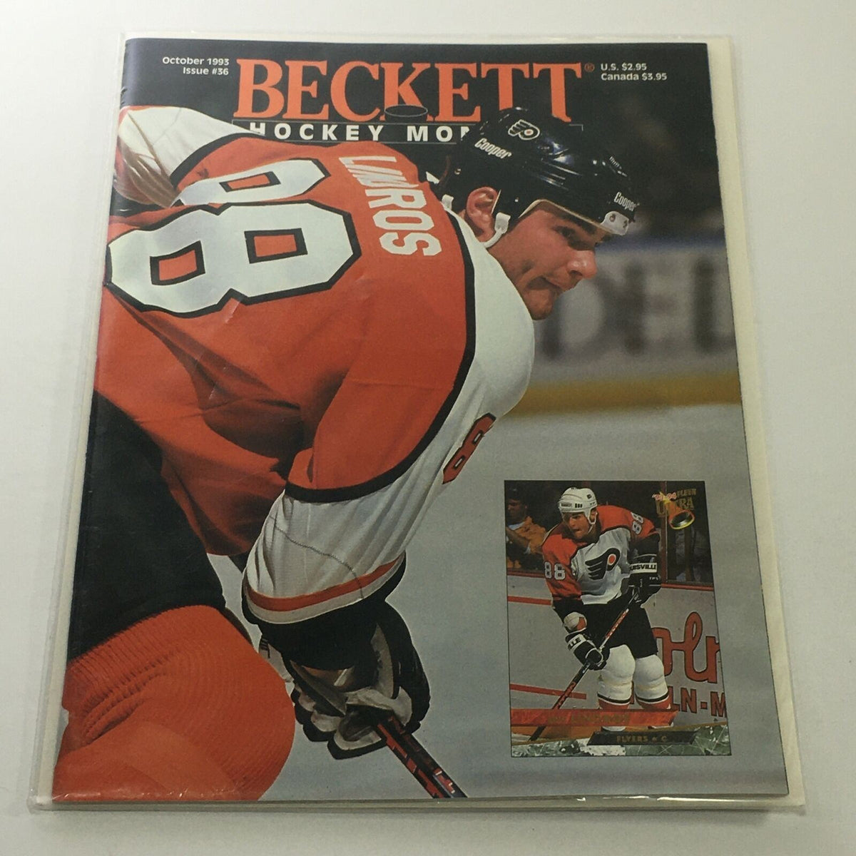 Beckett Hockey Monthly: October 1993 Issue #36 featuring NHL player Eric Lindros on the cover, showcasing an action shot with a detailed image of the magazine and its excellent condition.