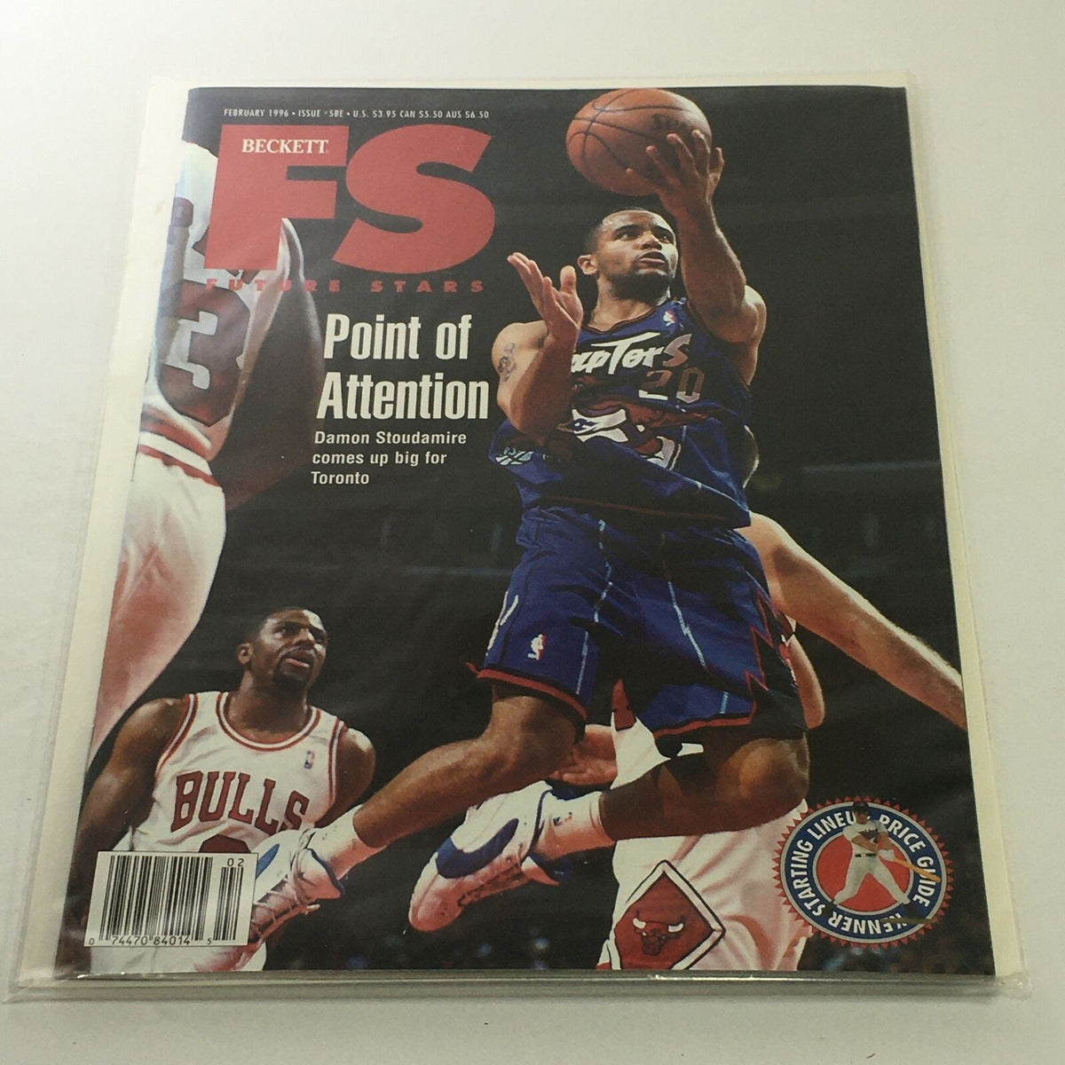 Beckett Future Stars February 1996 Issue featuring Damon Stoudamire on the cover, highlighting his performance for Toronto. The magazine is in excellent condition and is bagged and boarded for protection.