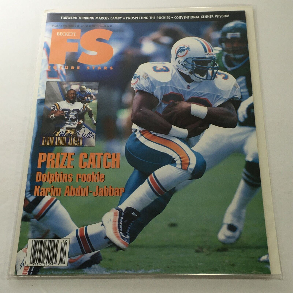 Beckett Future Stars: December 1996 Issue #68 featuring Dolphins rookie Karim Abdul-Jabbar on the cover, showcasing him in action with highlights of his football skills.