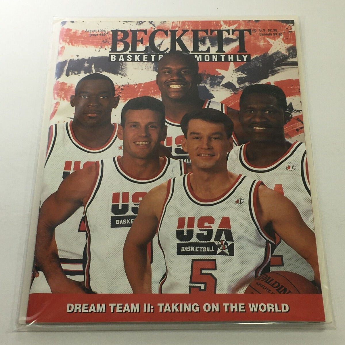 Beckett Basketball Monthly August 1994 Issue #49 cover featuring Dream Team II: Taking the World, showcasing basketball players in USA jerseys on a patriotic background.