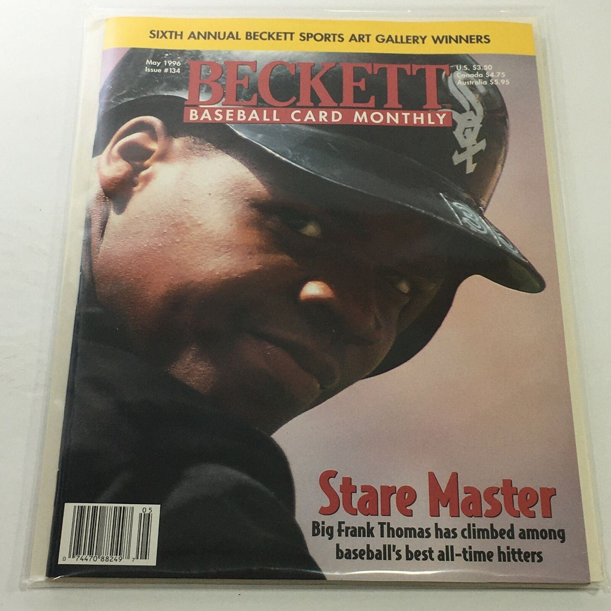 Beckett Baseball Card Monthly: May 1996 Issue #134 featuring Stare Master Frank Thomas on the cover, showcasing the athlete in a dark cap with a focused expression, highlighting his impact on baseball.