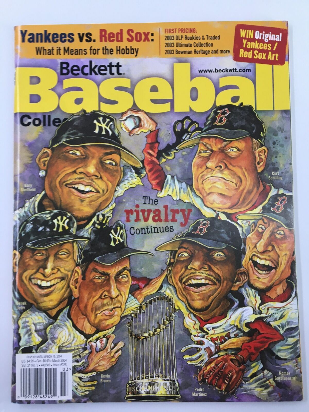 Beckett Baseball Collector March 2004 #228 cover featuring Kevin Brown and Pedro Martinez with an illustration of baseball legends and a World Series trophy.
