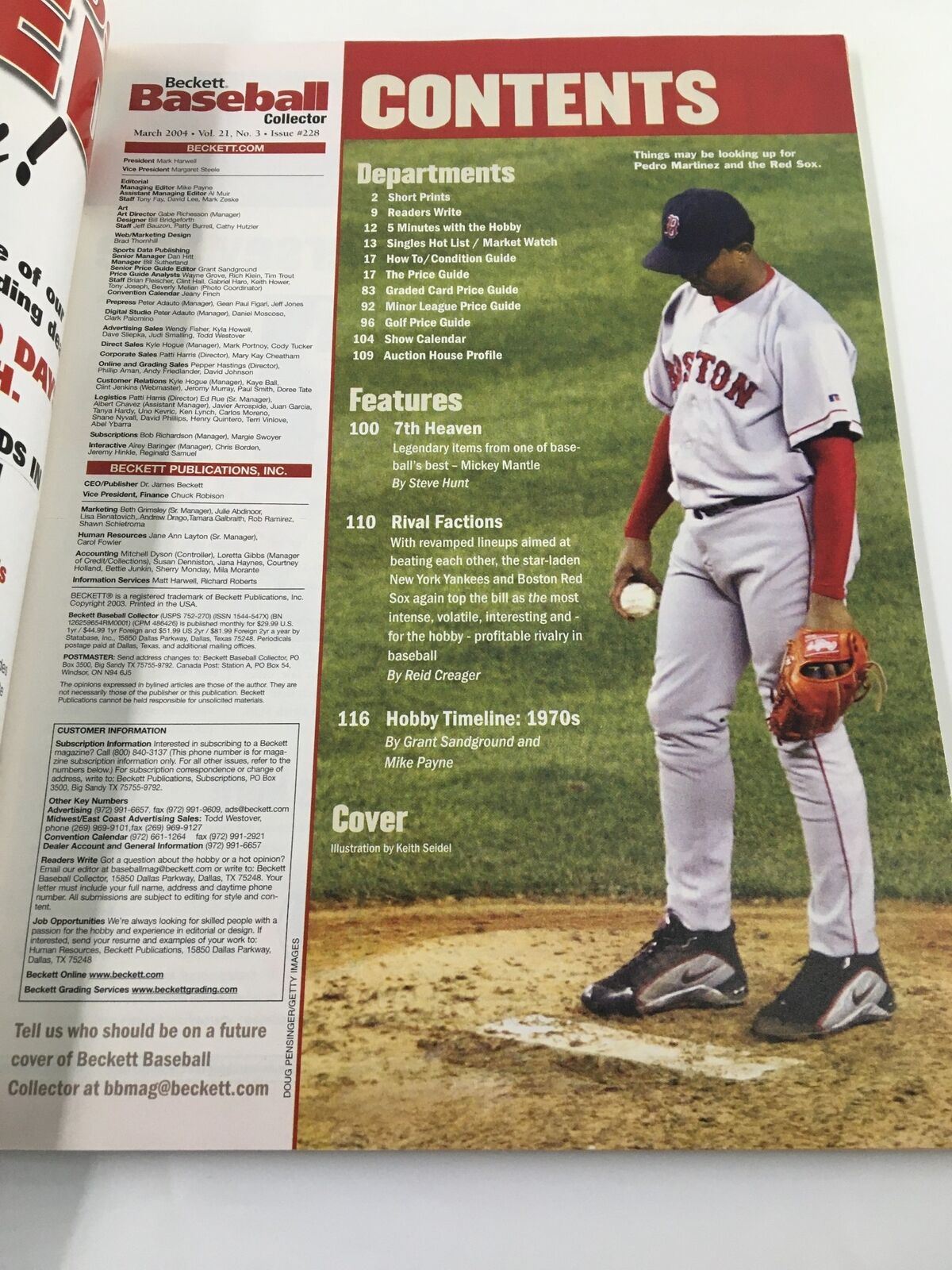Contents page of Beckett Baseball Collector March 2004 #228, showcasing featured sections and articles related to baseball and card collecting.