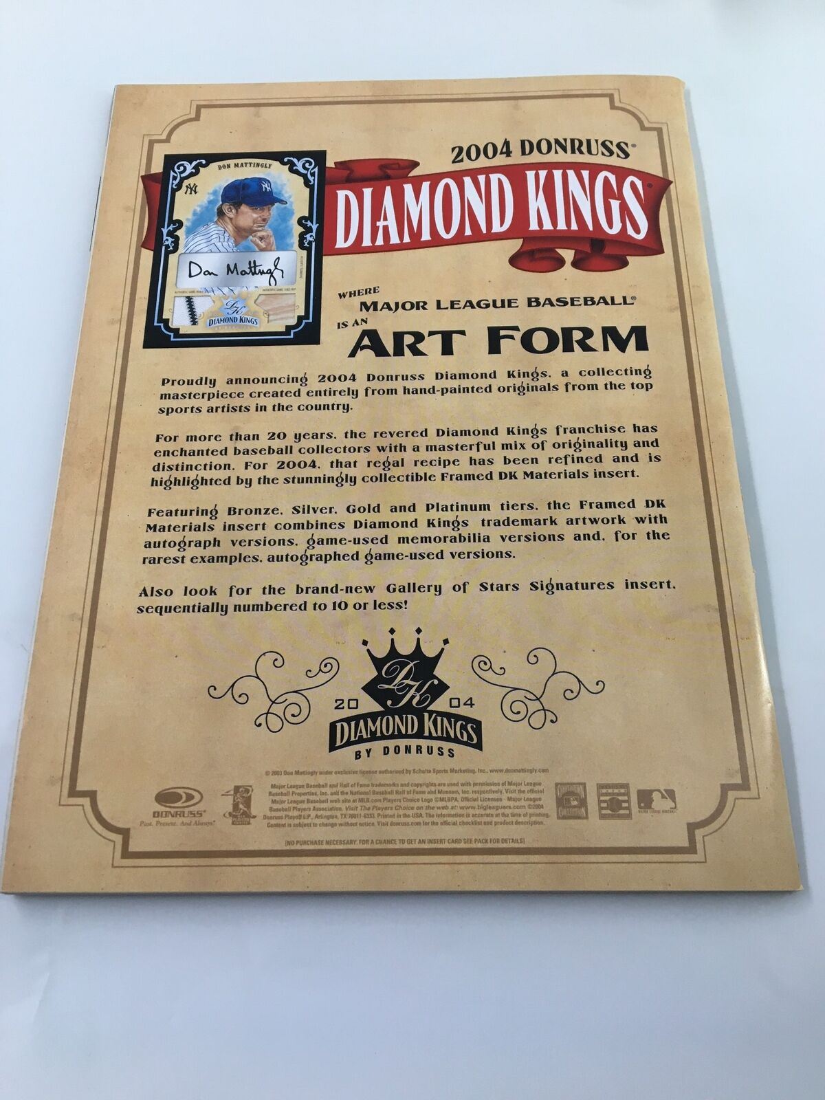 Back cover of Beckett Baseball Collector March 2004 #228, advertising 2004 Donruss Diamond Kings and featuring a signature of Don Mattingly.