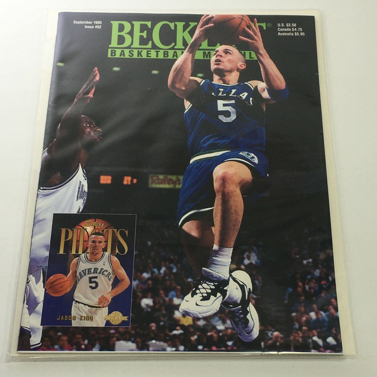 Beckett Basketball Monthly September 1995 Issue #62 featuring Jason Kidd on the cover, showcasing a dynamic basketball action shot with a player in blue jersey and a defender in the background.