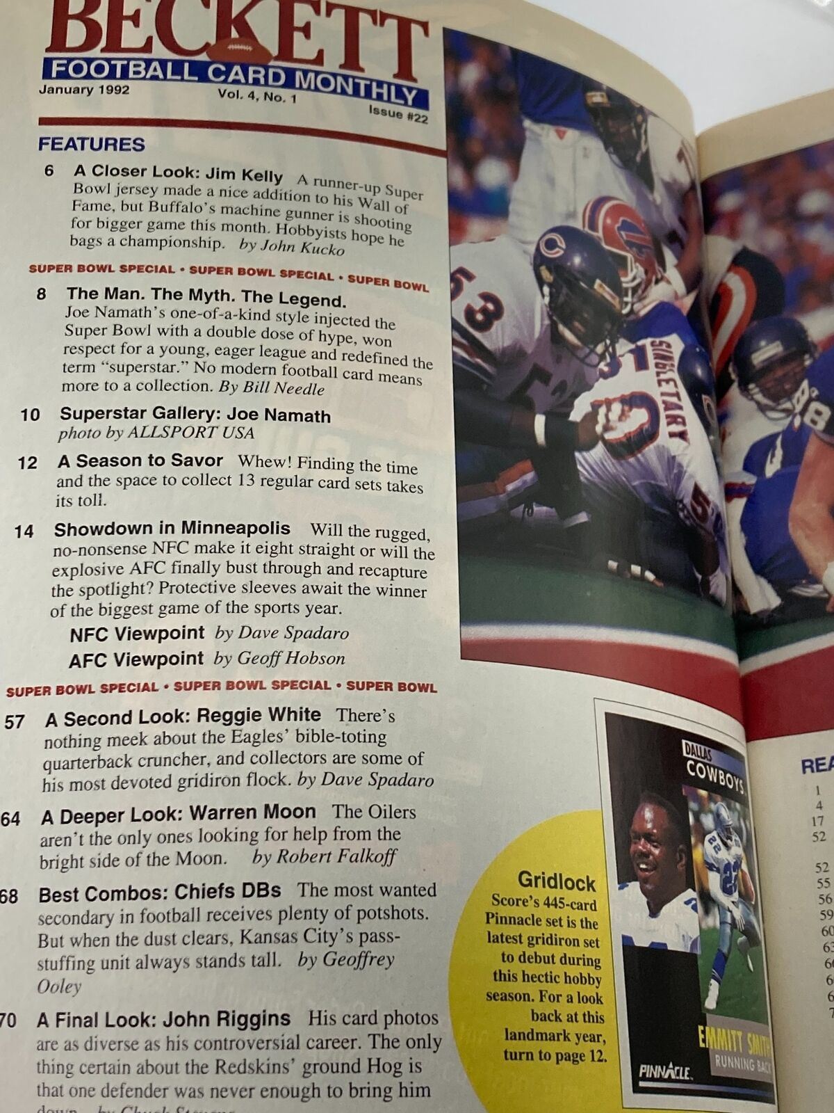 Inside page of Beckett Football Card Monthly January 1992 Vol 4 #1, showcasing features including 'A Closer Look: Jim Kelly' and other articles related to football memorabilia.