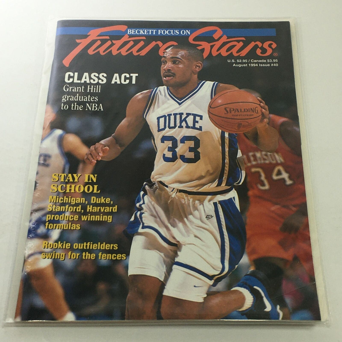 Beckett Future Stars August 1994 Issue #40 featuring Grant Hill on the cover, highlighting his transition to the NBA from Duke University. The magazine cover displays vibrant graphics and text emphasizing the features of the issue.