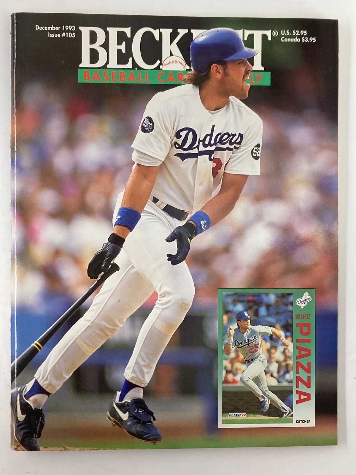 Beckett Baseball Card Monthly December 1993 issue #105 featuring Mike Piazza on the cover, showcasing the iconic Dodgers player in his baseball gear, designed for collectors and enthusiasts.