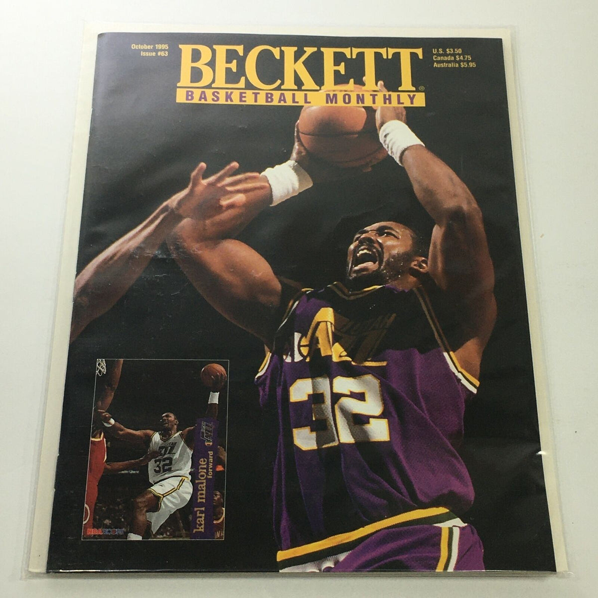 Beckett Basketball Monthly October 1995 Issue #63 featuring Karl Malone on the cover, showcasing his dynamic basketball action shot in a purple and yellow uniform.