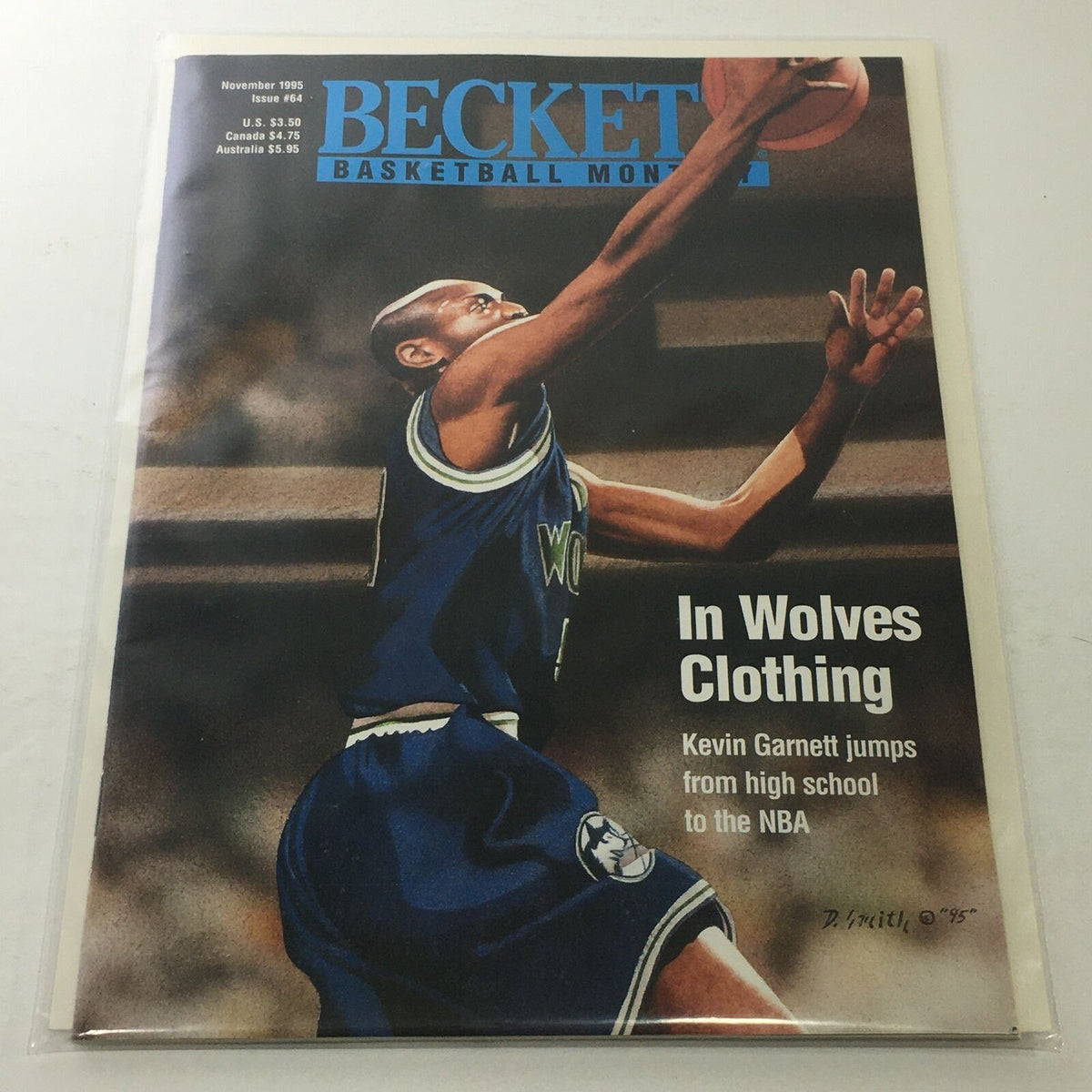 Beckett Basketball Monthly: November 1995 Issue #64 featuring Wolves' Kevin Garnett performing a jump shot, showcasing the cover design and title of the magazine.