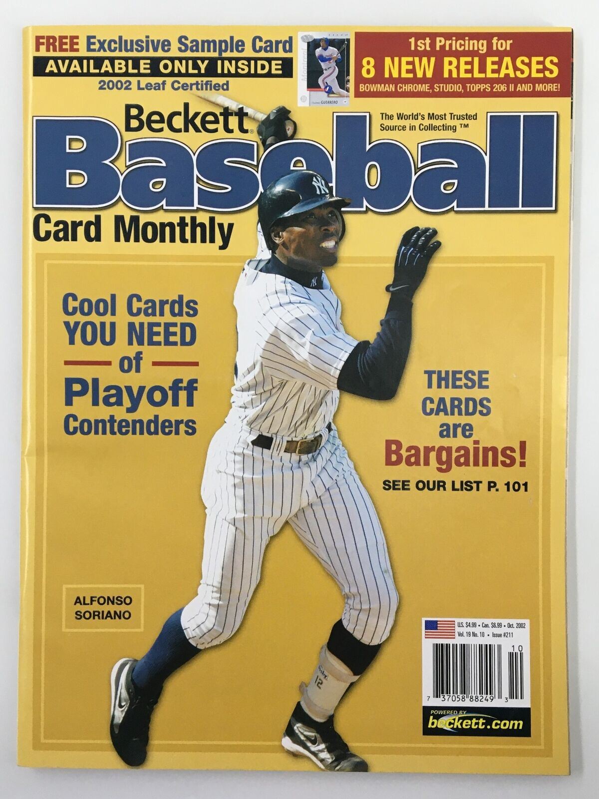 Beckett Baseball Card Monthly October 2002 #211 featuring Alfonso Soriano on the cover, showcasing baseball topics and collectibles.