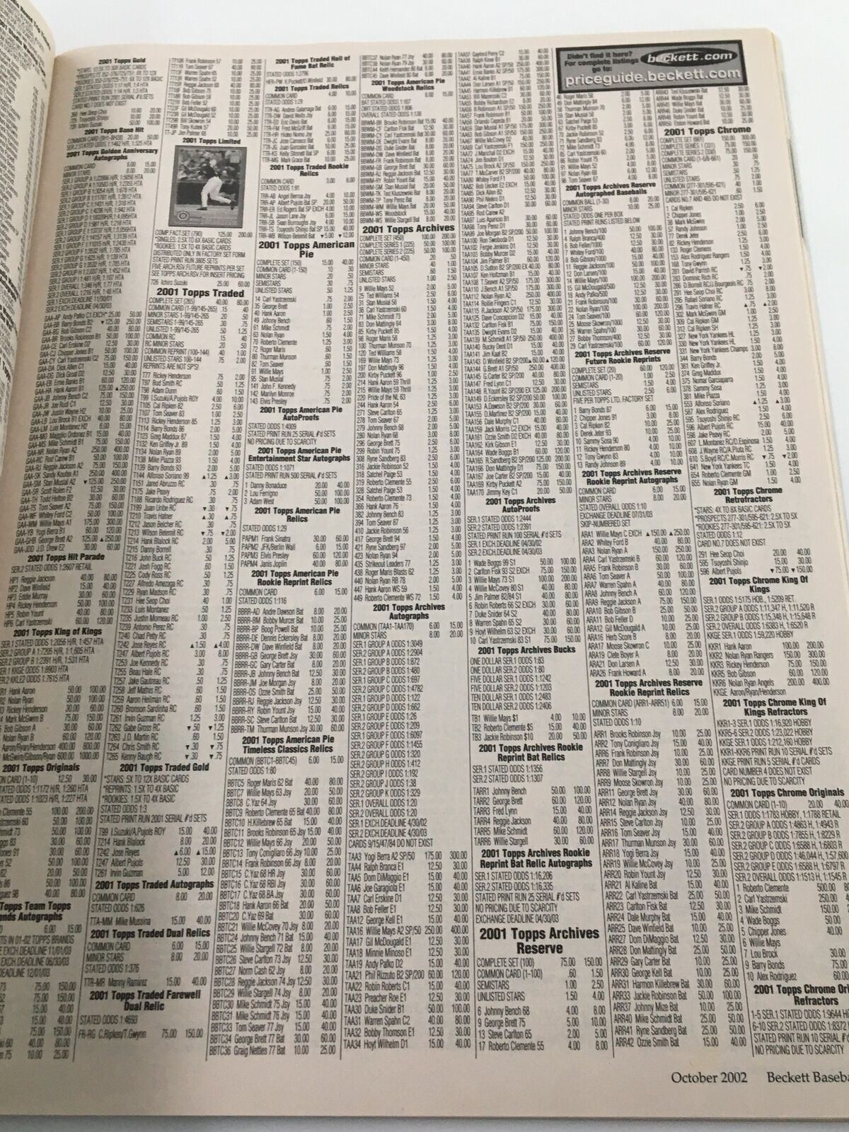 Beckett Baseball Card Monthly October 2002 page displaying detailed price guide for baseball cards, showcasing various brands and their respective market values.