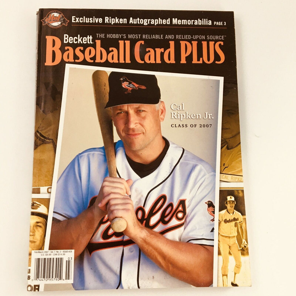 Beckett Baseball Card Plus Magazine February March 2007 featuring Cal Ripken Jr. on the cover, showcasing the legendary player in an Orioles jersey holding a baseball bat.