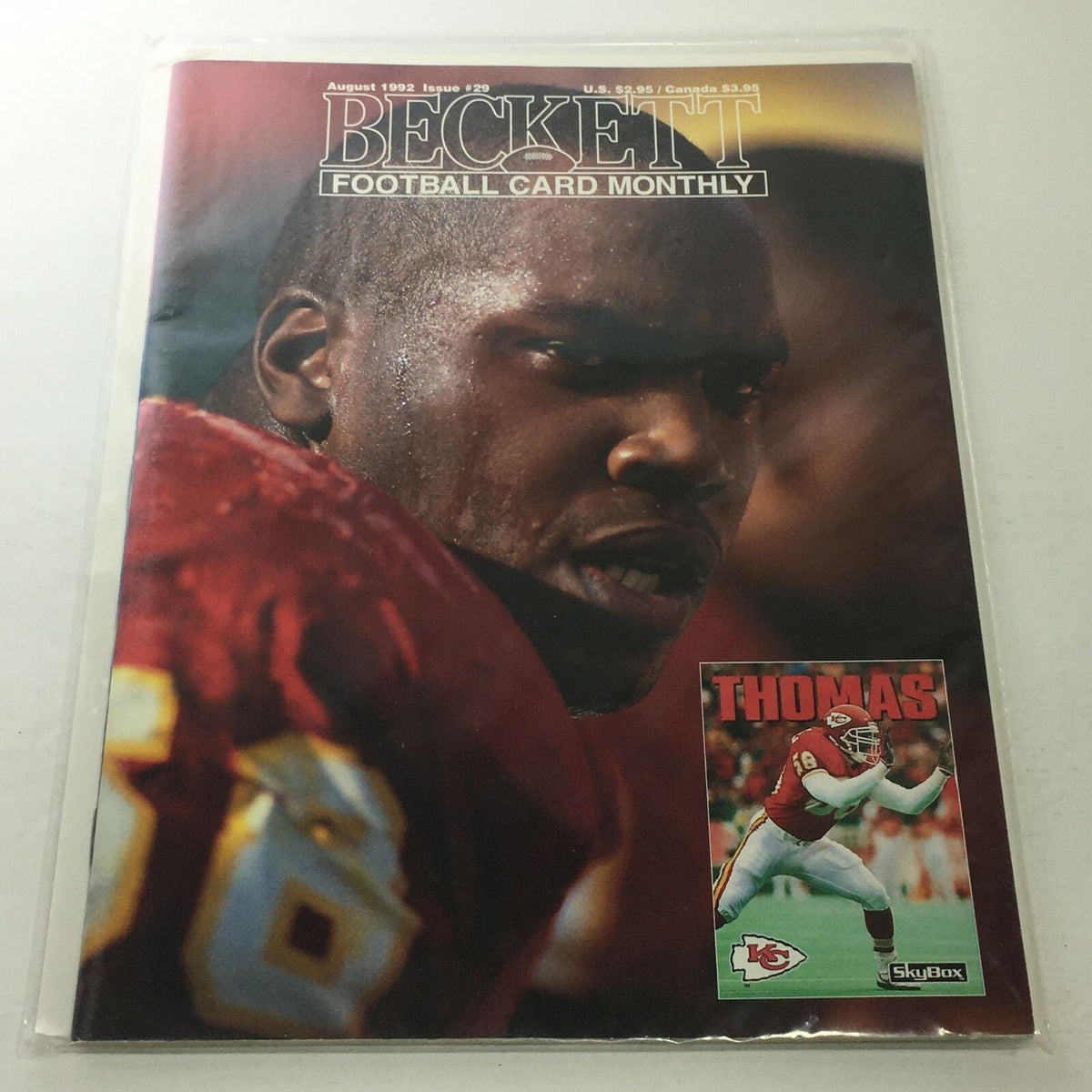 Beckett Football Card Monthly: August 1992 Issue #29 featuring a prominent football player on the cover, showcasing the magazine's focus on card collecting and sports memorabilia.