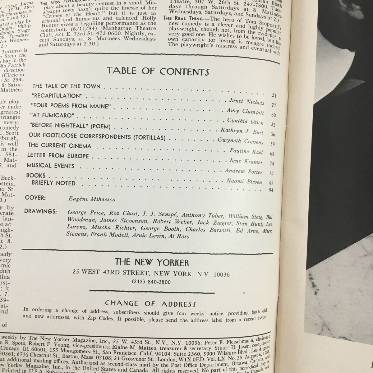 Table of contents page inside The New Yorker Magazine August 6, 1984 highlighting articles and contributors, with cover art credited to Eugene Mihaesco.