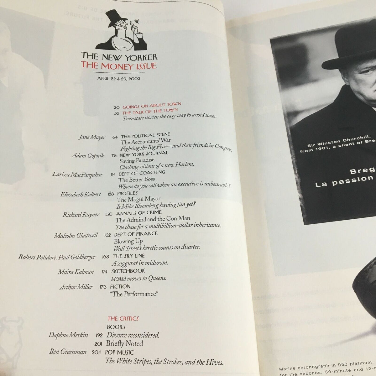 Interior page of The New Yorker Full Magazine April 22 2002 displaying the table of contents, titled 'The New Yorker The Money Issue'.