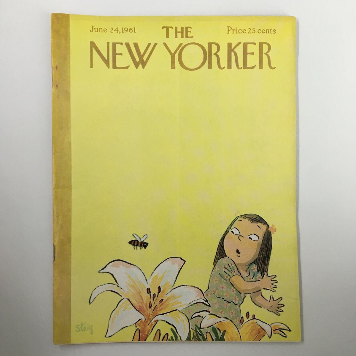 The New Yorker Full Magazine June 24 1961 cover featuring the illustration 'A Bee and A Girl' by William Steig, showcasing a young girl in a floral dress surprised by a bee, set against a vibrant yellow background.