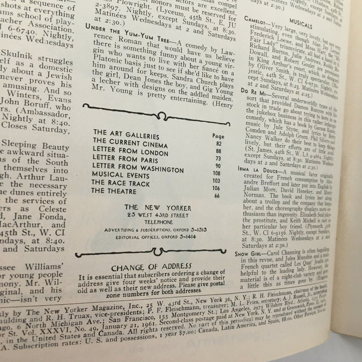 Contents page of The New Yorker Full Magazine January 21 1961 detailing various articles and features within the issue.
