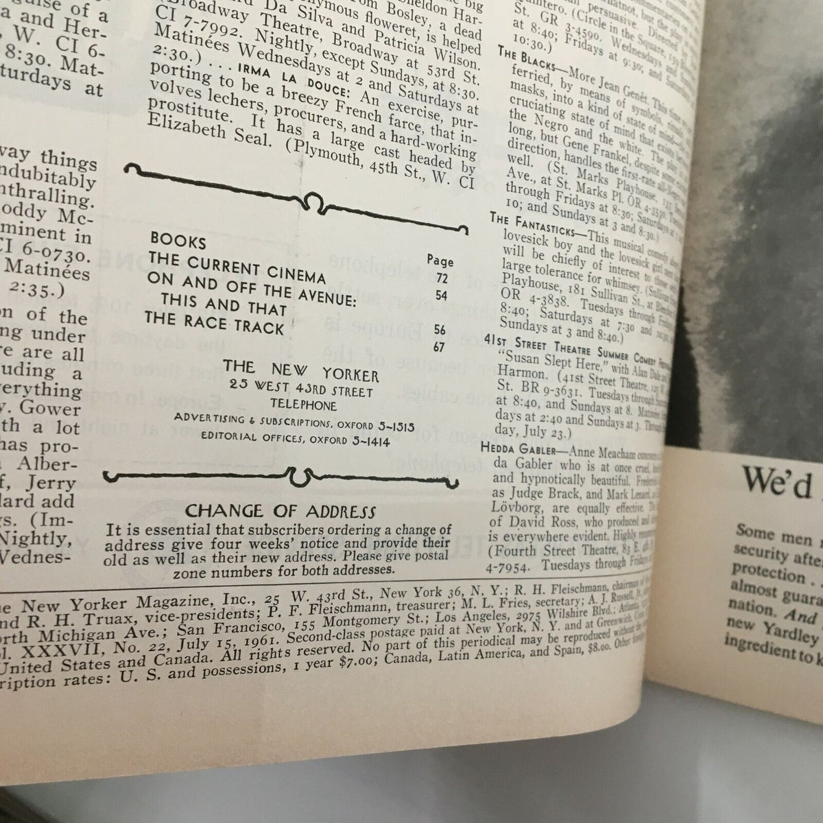 Interior page of The New Yorker Full Magazine July 15 1961, displaying the magazine's editorial and advertising information.
