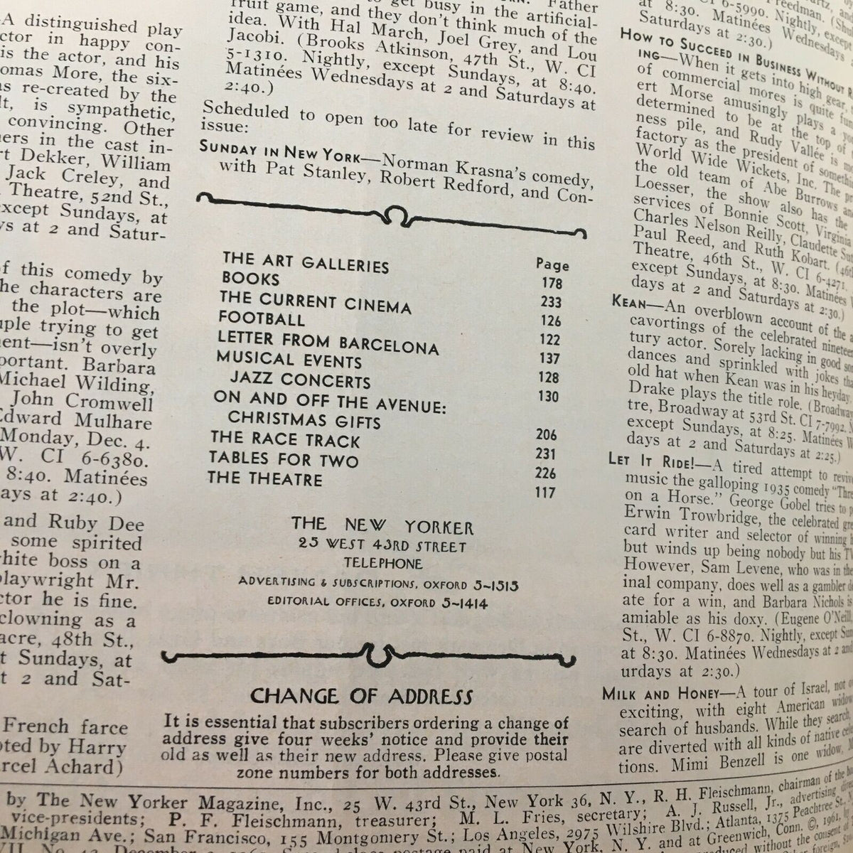 Interior page of The New Yorker Full Magazine December 2 1961, displaying an index of articles and events featured in the issue.