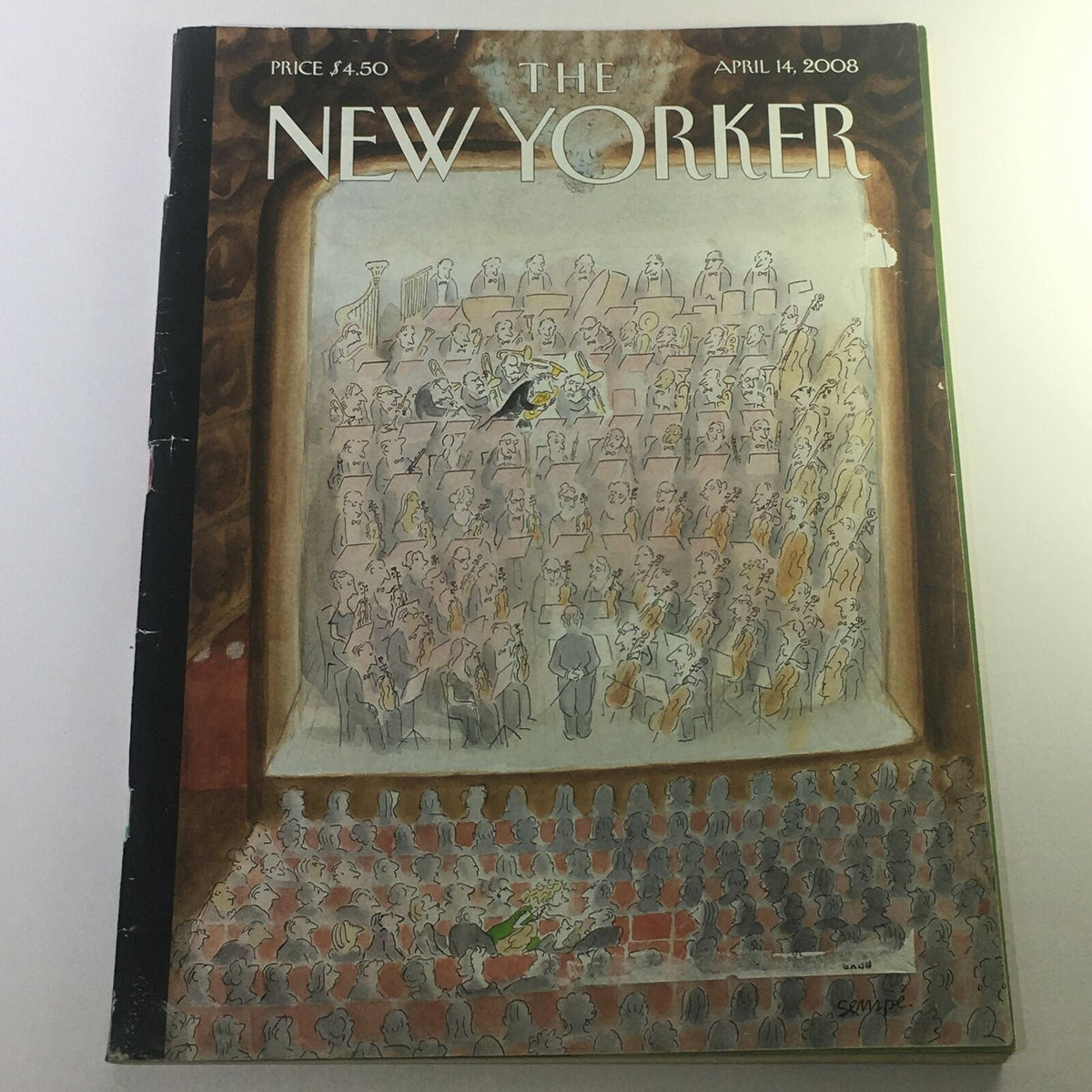 Cover of The New Yorker April 14, 2008 featuring artwork by Jean-Jacques Sempé depicting an orchestra performance with a whimsical style.