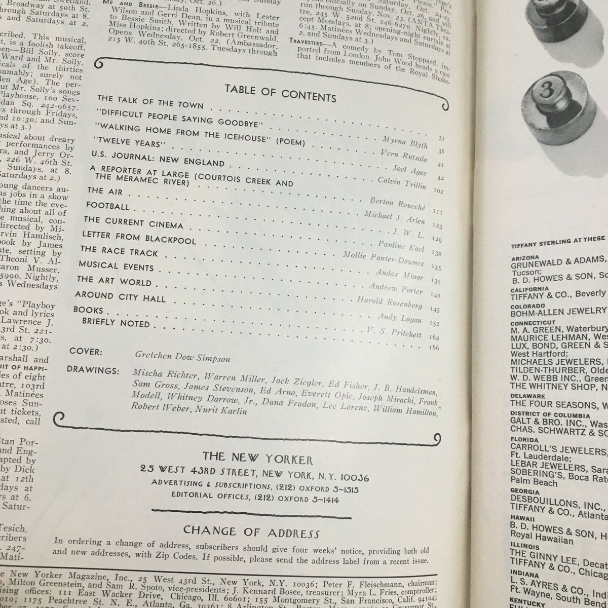 Table of contents page from The New Yorker Magazine, October 27, 1975, listing articles including 'Farm Life' by Gretchen Dow Simpson and various contributors.