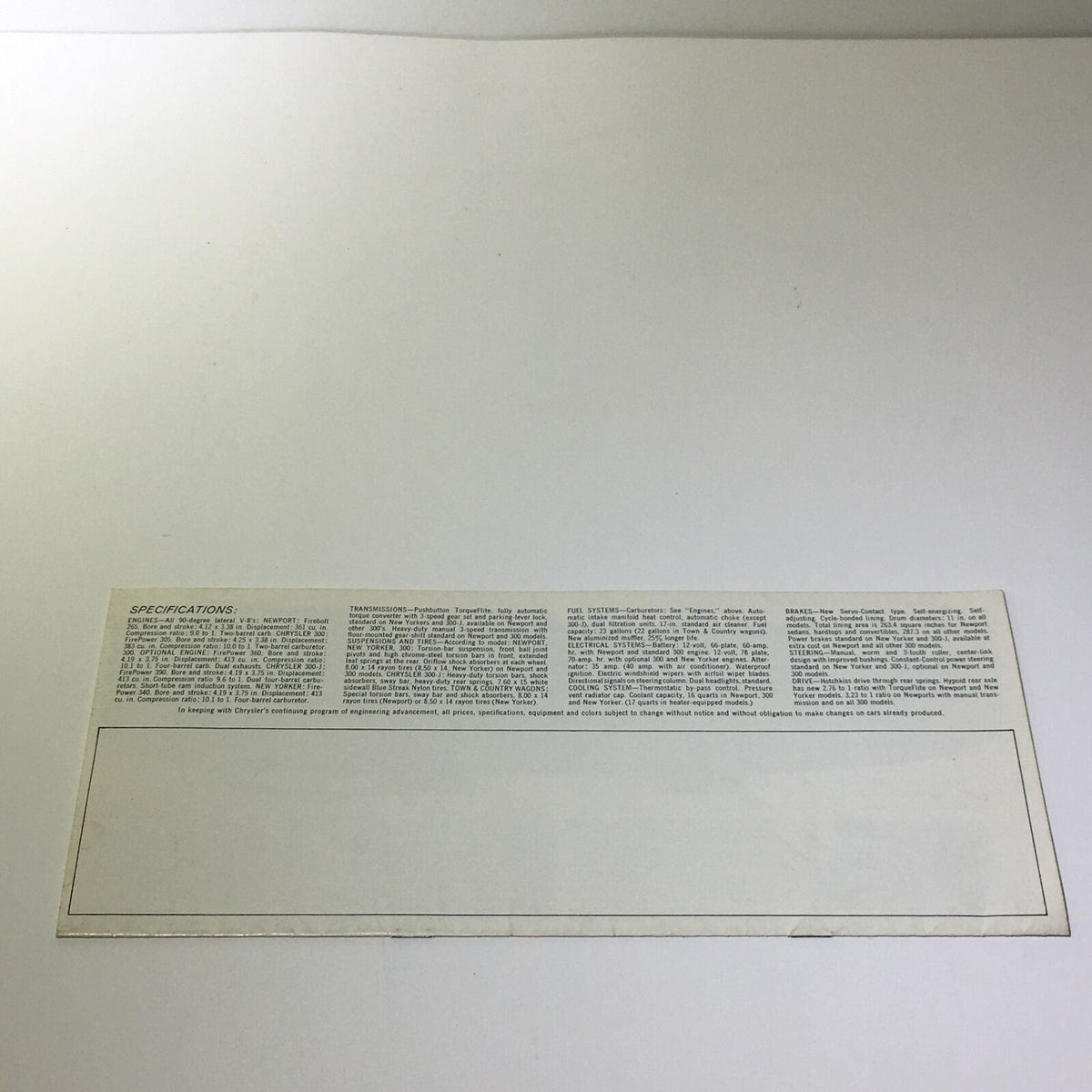 1963 New Yorker by Chrysler 300 brochure back page with specifications listed for the Chrysler vehicles, enhancing the collector's informational experience.