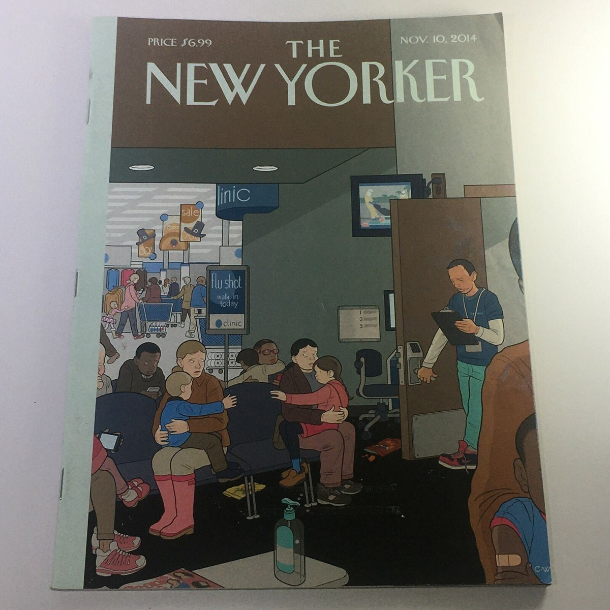 The New Yorker November 10 2014 magazine cover illustrated by Chris Ware, featuring a busy waiting room scene with people engaged in various activities.
