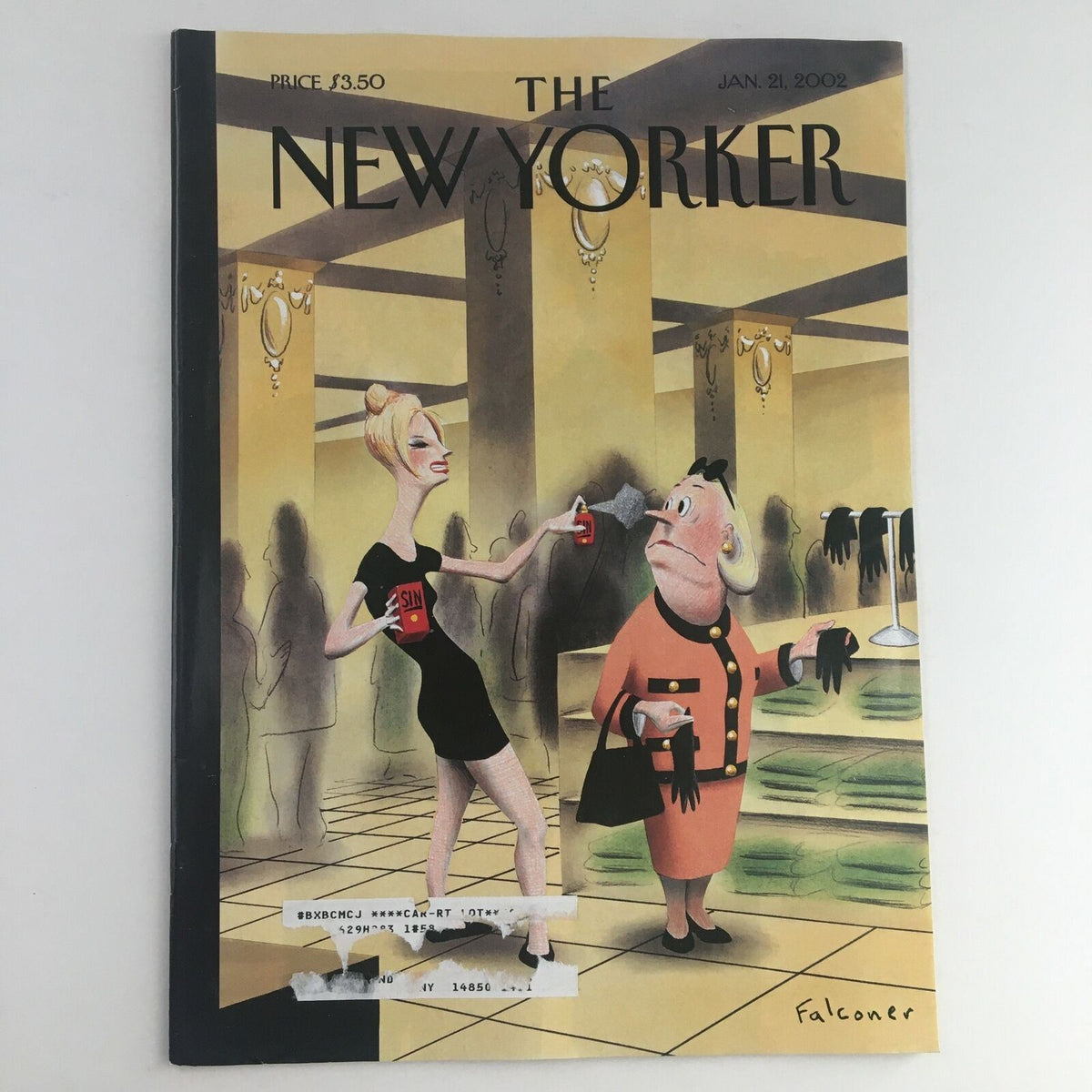 The New Yorker Full Magazine January 21 2002 cover featuring a humorous illustration by Ian Falconer, depicting a fashionably dressed woman painting a shopkeeper's nose with 'sin' amidst a high-end boutique setting.