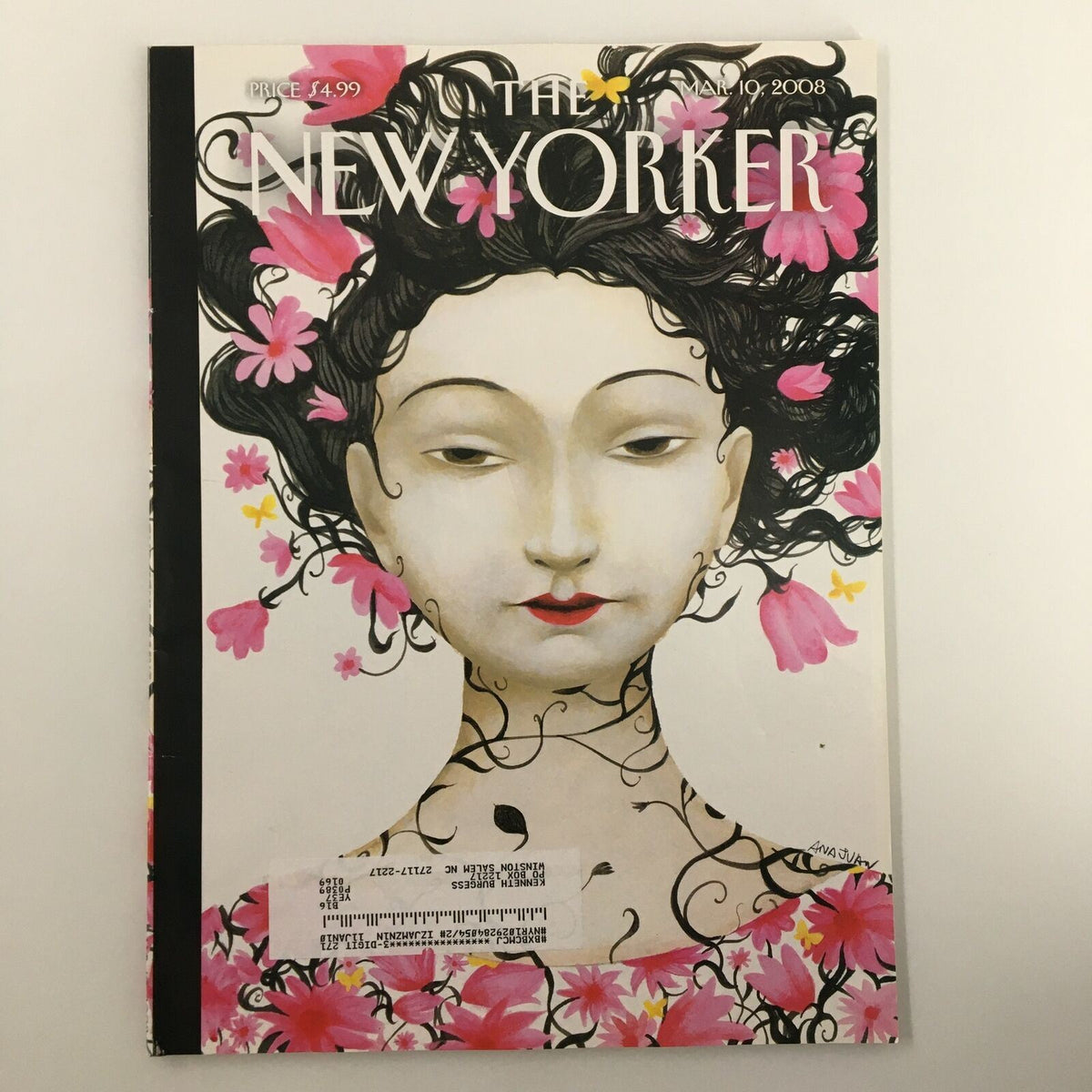 Cover of The New Yorker magazine from March 10, 2008, featuring the artwork 'Blossoms' by Ana Juan, showcasing a woman surrounded by pink flowers.