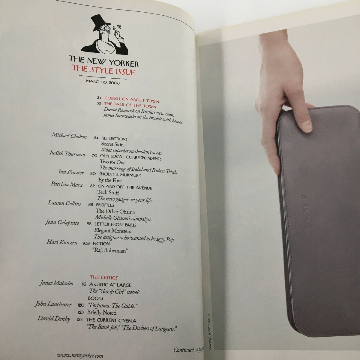 Interior page of The New Yorker magazine March 10, 2008, highlighting the table of contents and articles featured in the style issue.