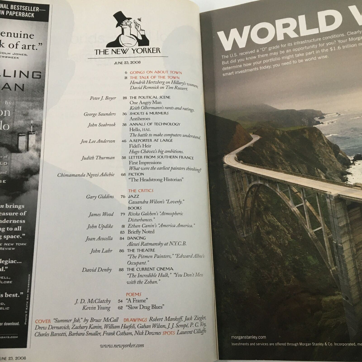 Inside page of The New Yorker Full Magazine June 23 2008, displaying the table of contents section and featuring the iconic magazine logo.