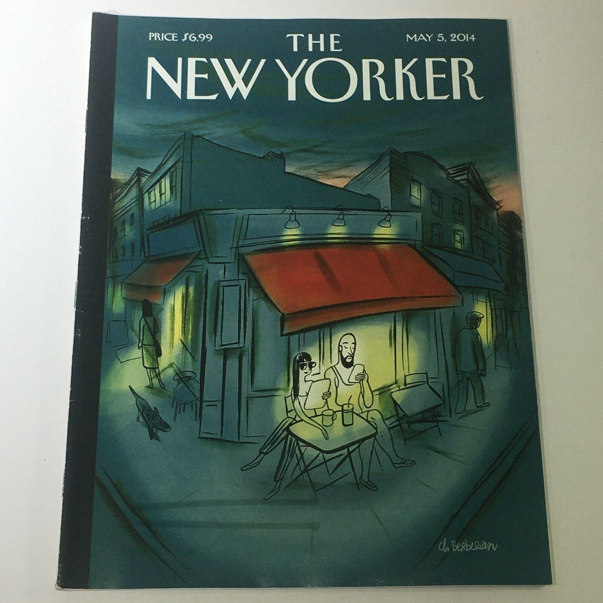 Cover of The New Yorker magazine dated May 5, 2014, featuring a captivating illustration by Charles Berberian, depicting a couple enjoying drinks at a cafe with an atmospheric city backdrop.