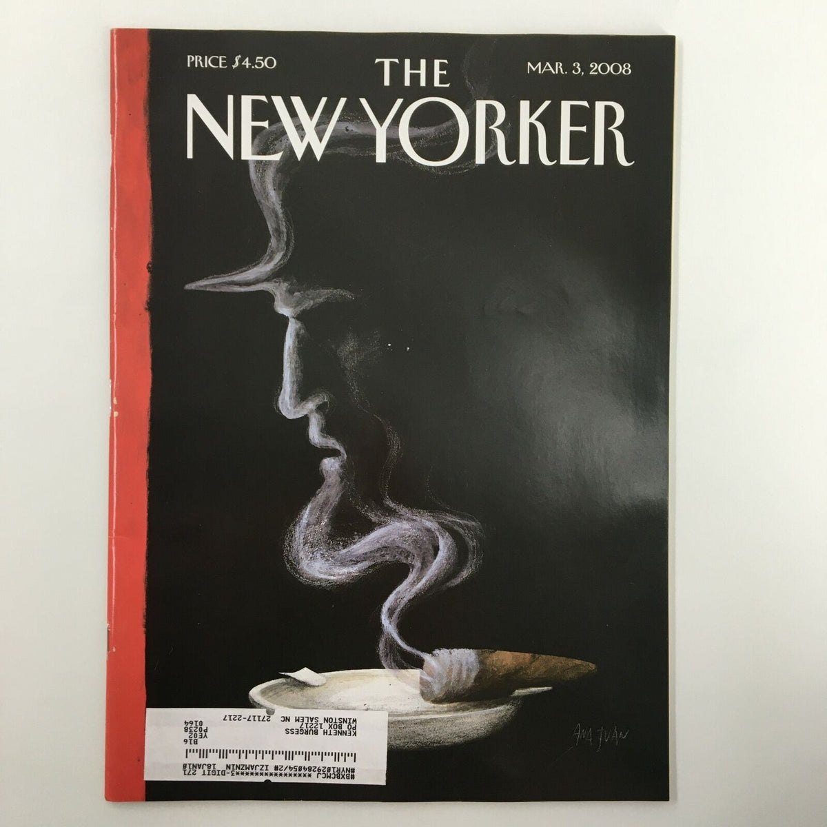 The New Yorker Full Magazine March 3 2008 Fading Theme Cover by Ana Juan features a striking black and red design with a silhouette of a man's head and a smoking pipe, showcasing contemporary artistry.