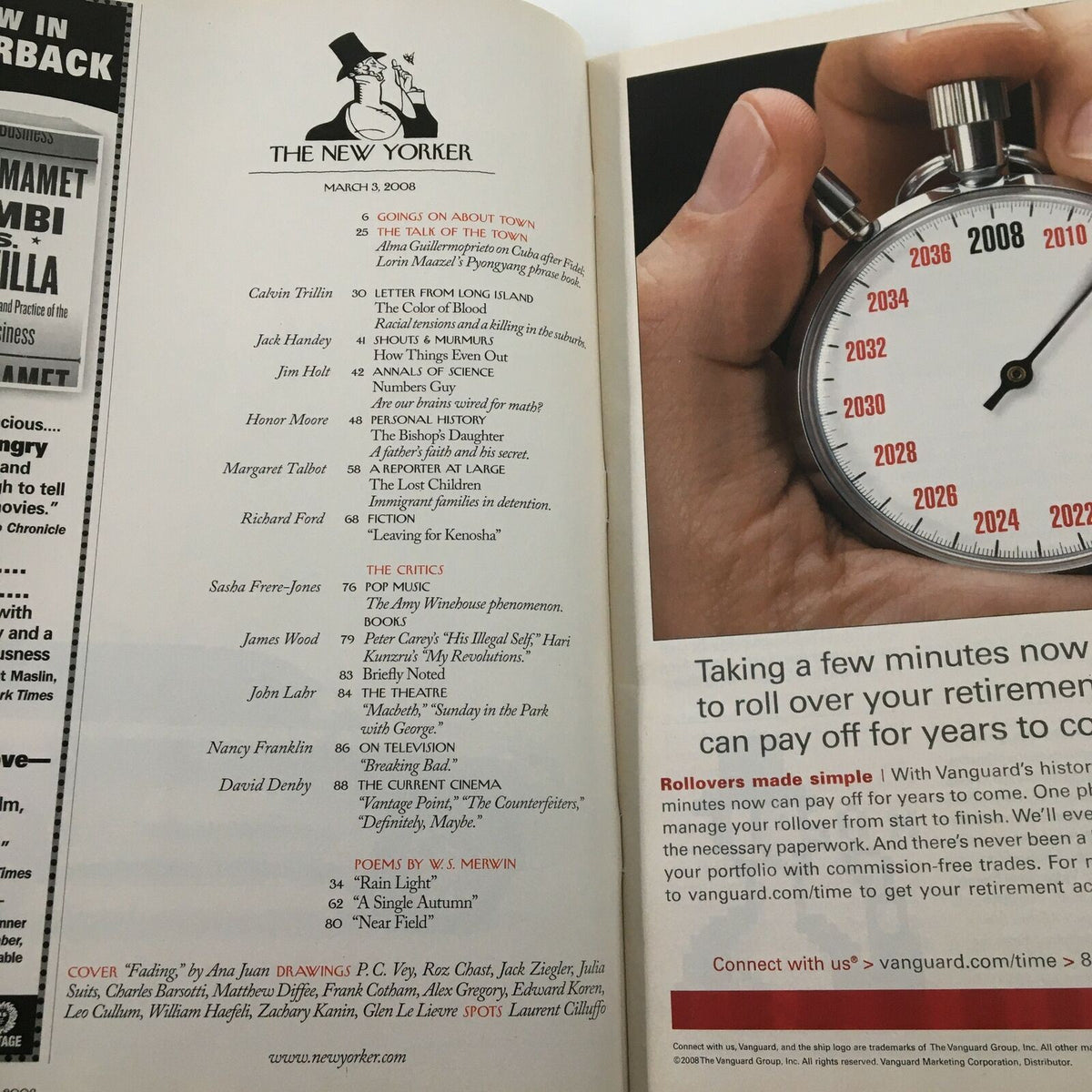 Inside page of The New Yorker Full Magazine March 3 2008, includes a detailed table of contents, featuring articles and features from notable authors, reflecting the magazine's rich editorial tradition.