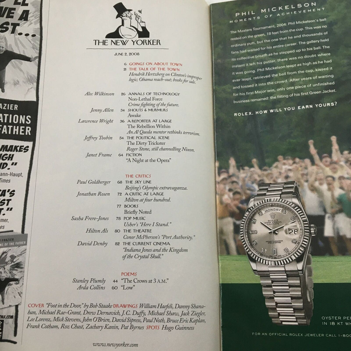 The New Yorker magazine issue from June 2, 2008, featuring the table of contents alongside an advertisement for Rolex. The cover art titled 'Foot in the Door' by Bob Staake is not visible in this interior spread.