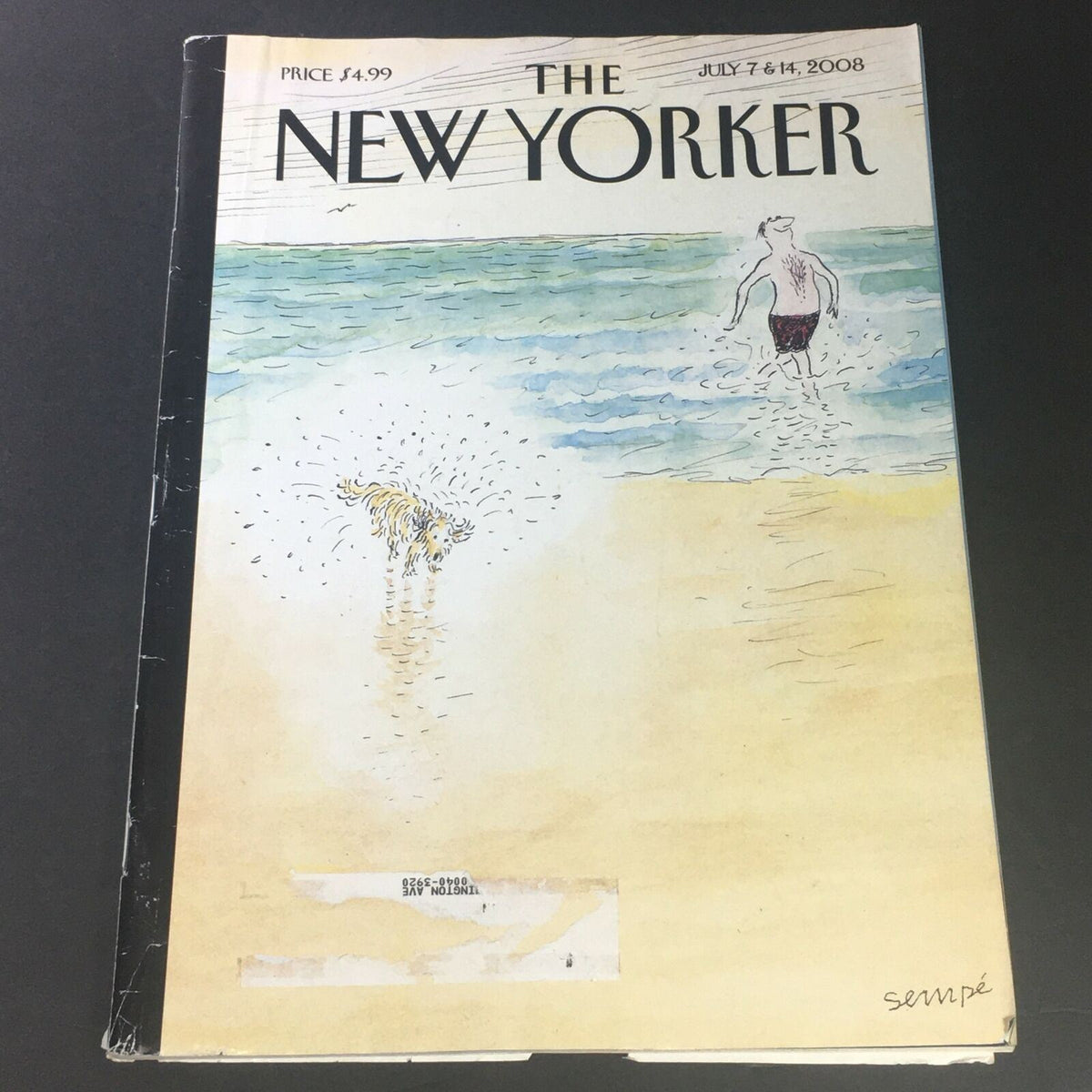 The New Yorker July 7 & 14, 2008 full magazine cover illustrated by Jean-Jacques Sempé, featuring a beach scene with a person and a dog.