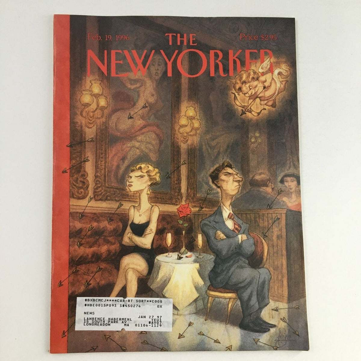 Cover of The New Yorker February 19, 1996, illustrated by Peter de Sève, showcasing a couple in a stylish setting with a rose and drinks, capturing the vintage aesthetic of the magazine.