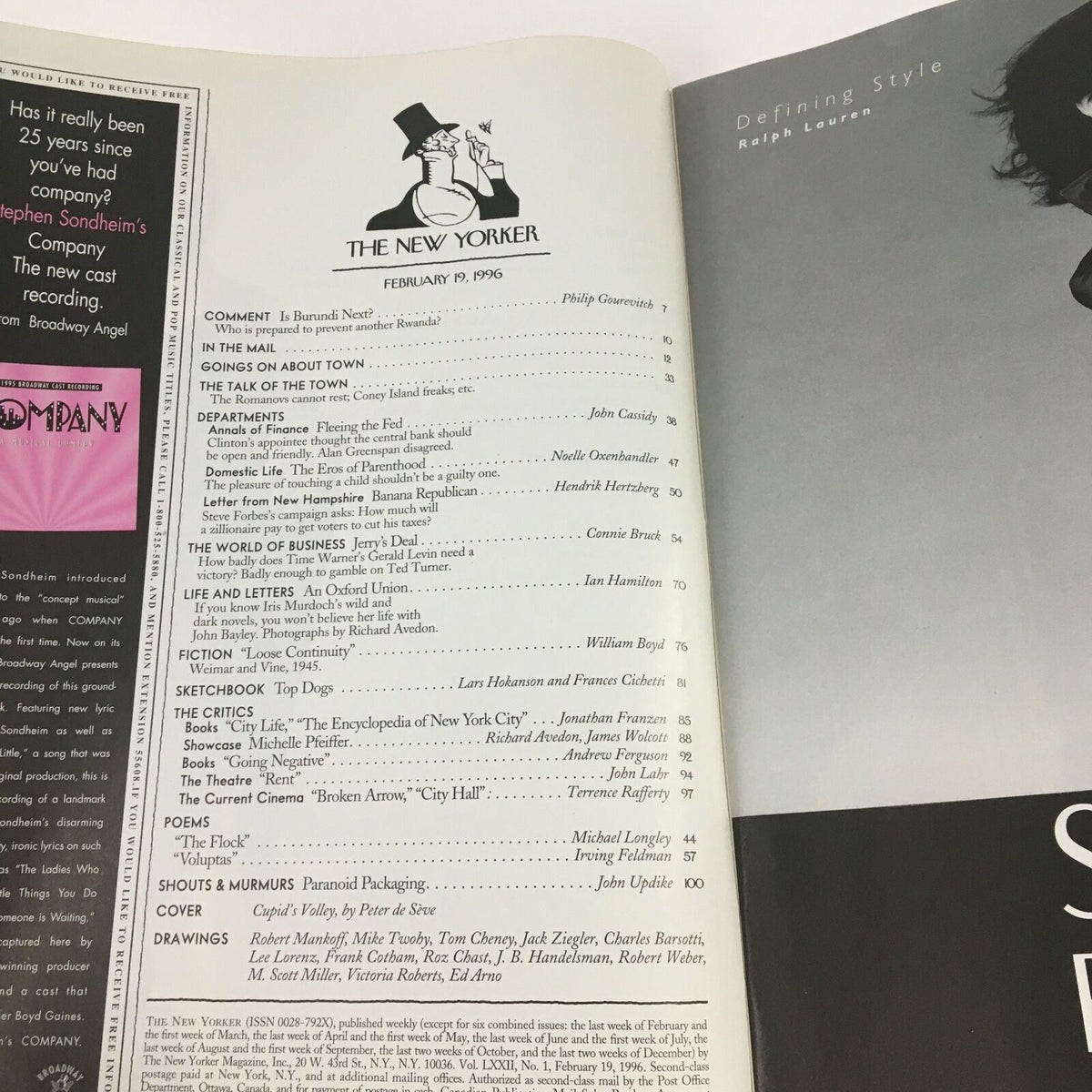 Table of contents page from The New Yorker February 19, 1996, detailing features and articles alongside the magazine's branding and design, emphasizing the publication's mix of commentary and culture.