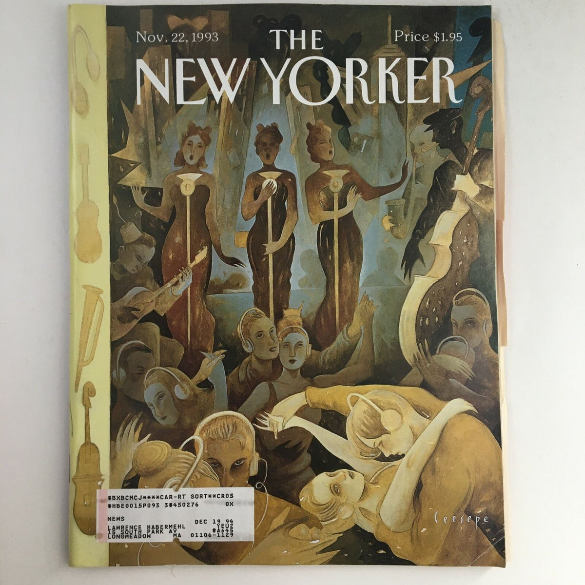 Cover of The New Yorker from November 22, 1993, themed "Plugged In" by Ceesepe, featuring artistic representations of musicians and performers.