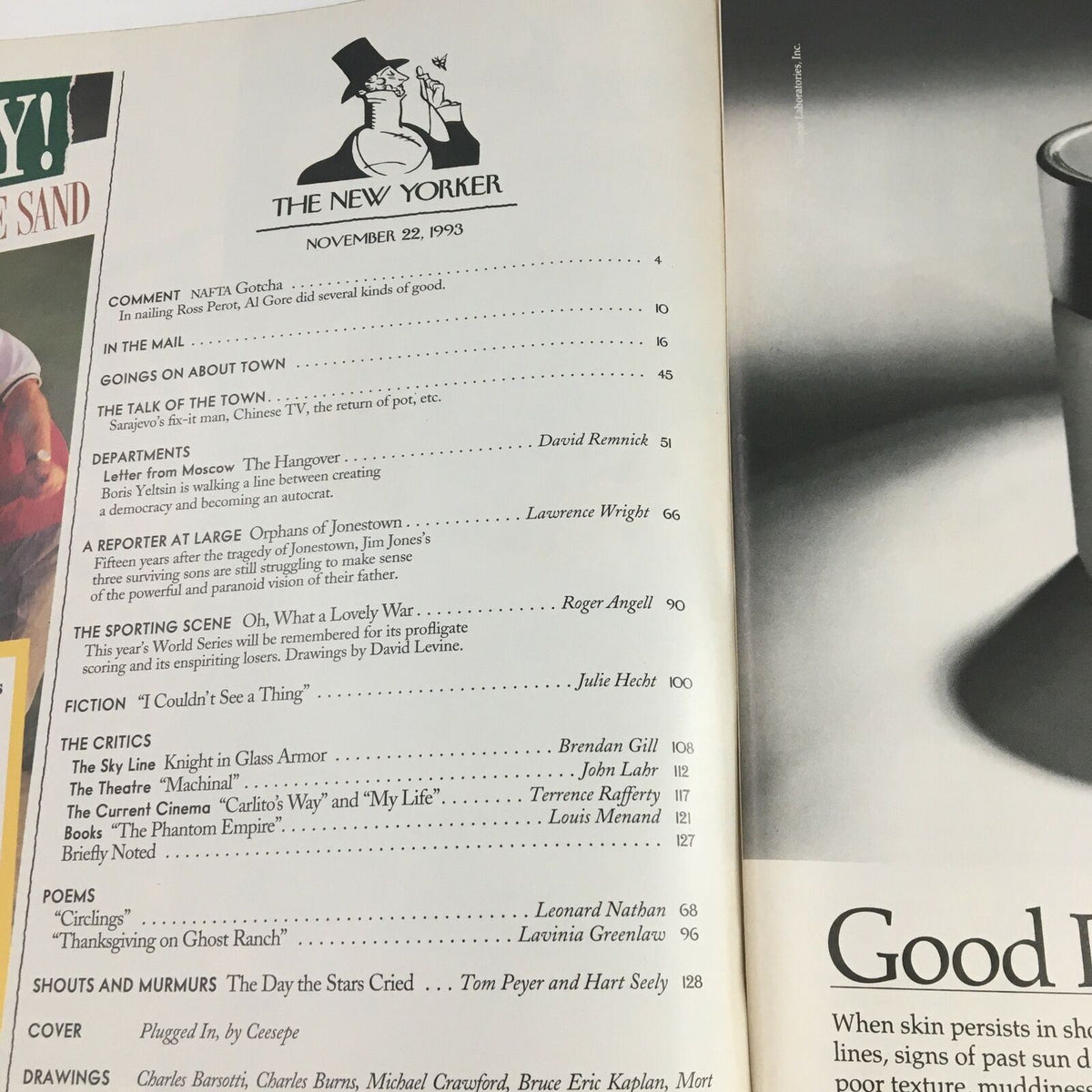 Contents page for The New Yorker November 22, 1993, listing articles and features, providing insight into the magazine's diverse topics.