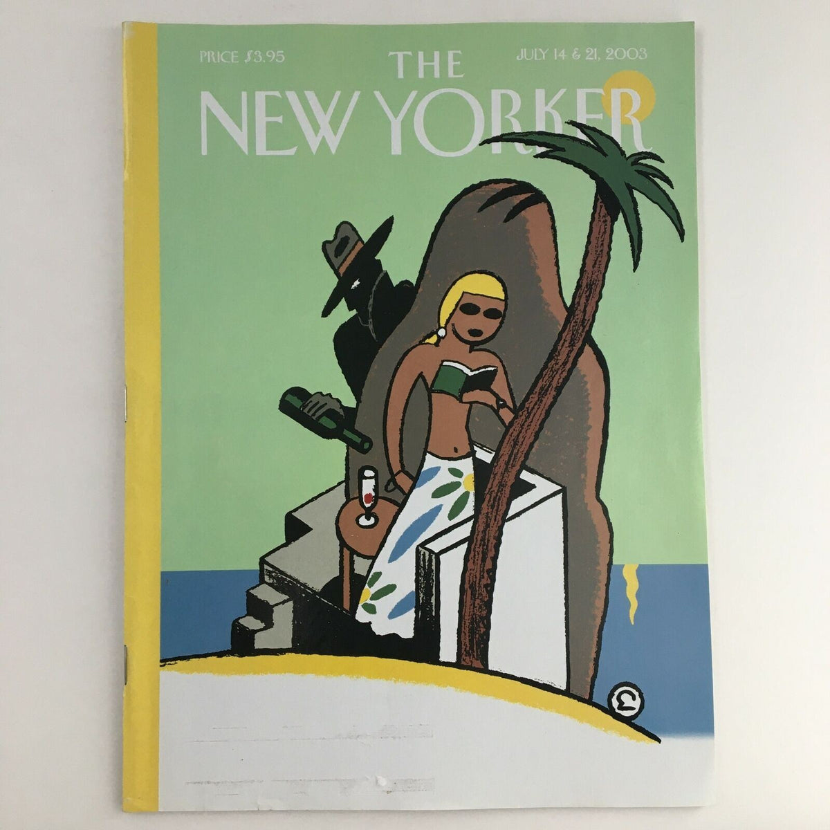 The New Yorker Full Magazine July 14 2003 featuring the vibrant cover art 'Summer Thrills' by Ever Meulen, depicting a beach scene with a woman reading under a palm tree.