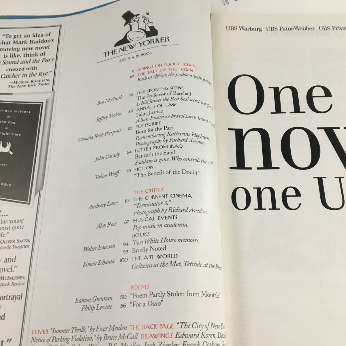 The interior page of The New Yorker Full Magazine July 14 2003 showcasing various articles and a glimpse into the magazine's content, highlighting its literary significance.
