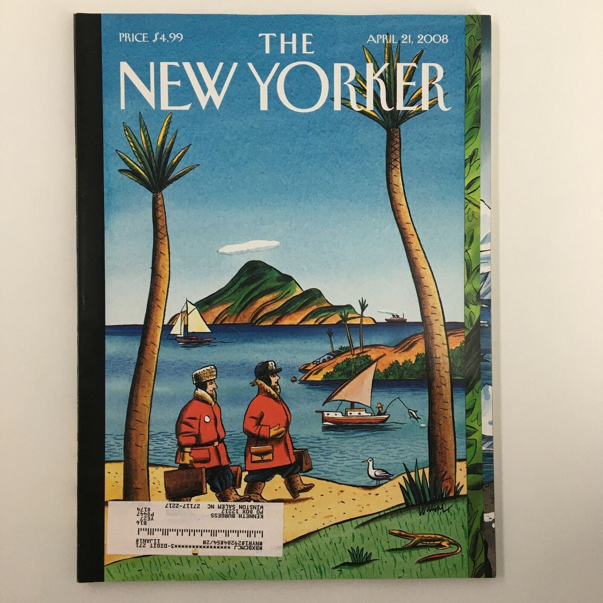 The New Yorker Full Magazine April 21 2008 cover featuring vibrant illustration 'On the Move' by Jacques de Loustal, depicting two men walking along a beach with palm trees and a sailboat in the background.