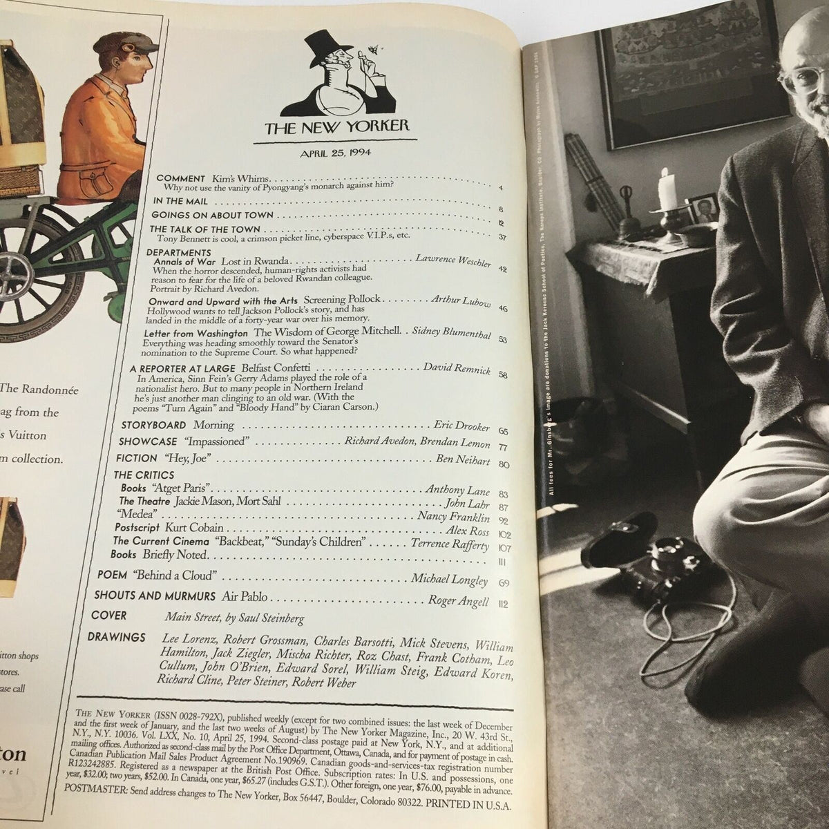 Inside page of The New Yorker, April 25, 1994, displaying the table of contents, including featured articles and illustrations, emphasizing the magazine's cultural significance and intellectual depth.